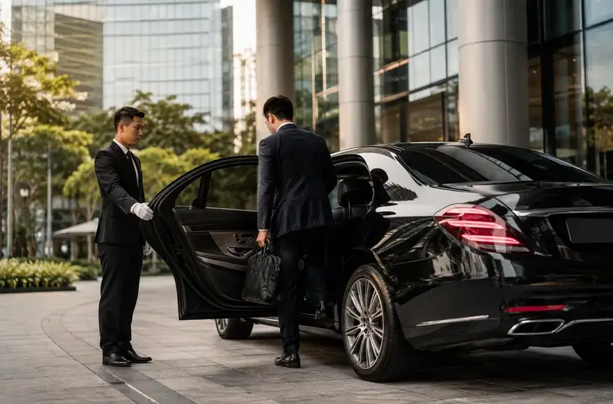Executive stepping into a chauffeured limousine outside an office tower