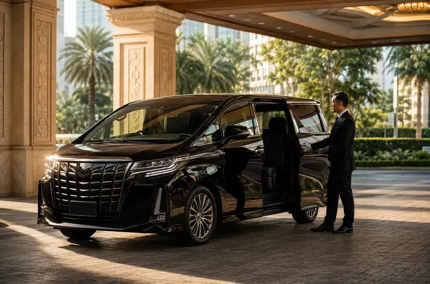 Chauffeur waiting beside an open limousine door at a hotel portico