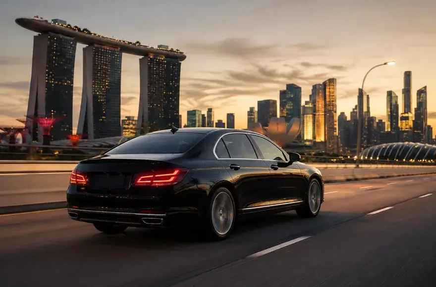 Black limousine on a bayfront road with the Singapore skyline at dusk