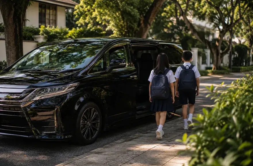 Two children in school uniform boarding a black limousine on a leafy street