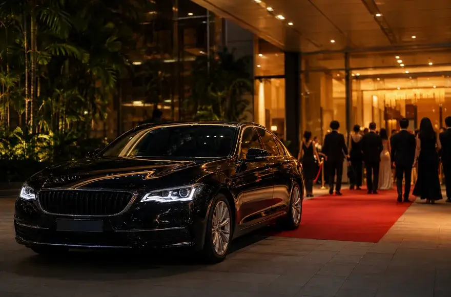Black limousine at a red-carpet event entrance in the evening